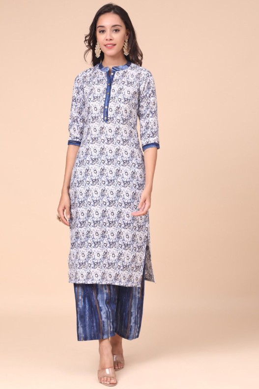 Stylish White & Blue Cotton Blend Kurti With Multicolour Plazzo